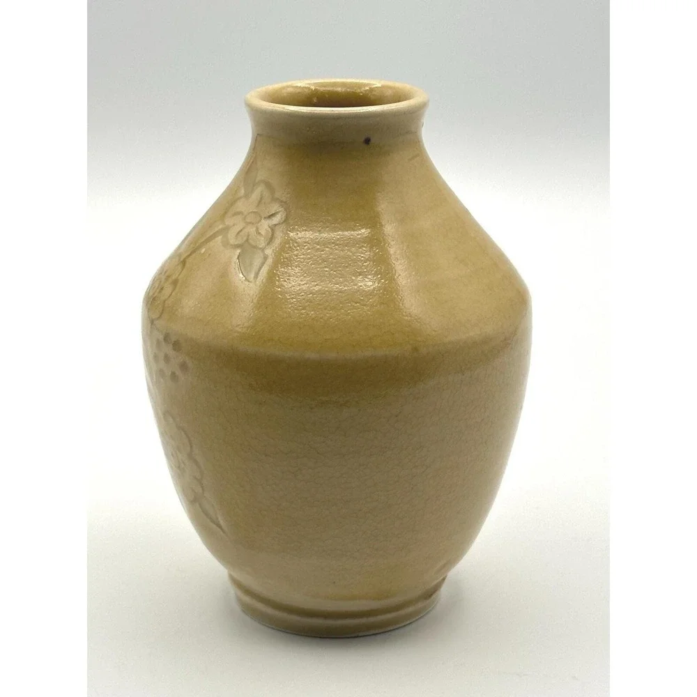 Vintage Yellow Stoneware Bud Vase Embossed Floral Motif Artist Signed Pottery